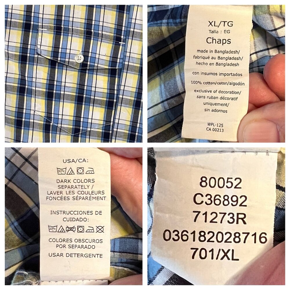 Chaps Men Yellow & Blue Plaid Button-Down Shirt XL 100% Cotton Long Sleeve - Picture 11 of 16